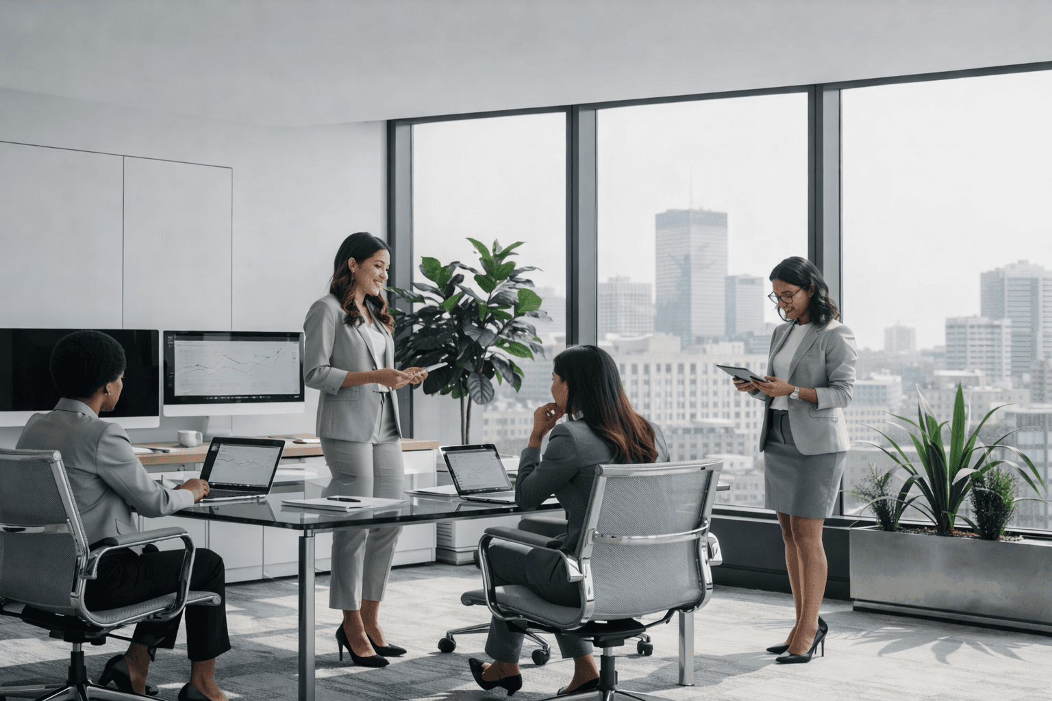 Teammeeting in modernem Büro mit mehreren Personen im Gespräch vor großen Fenstern.