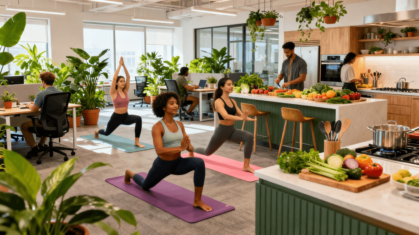 Gesunde Arbeitswelt mit Mitarbeitern bei Yoga und Kochen