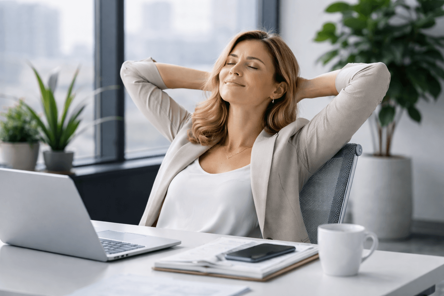 Entspannte Frau am Arbeitsplatz mit Laptop.